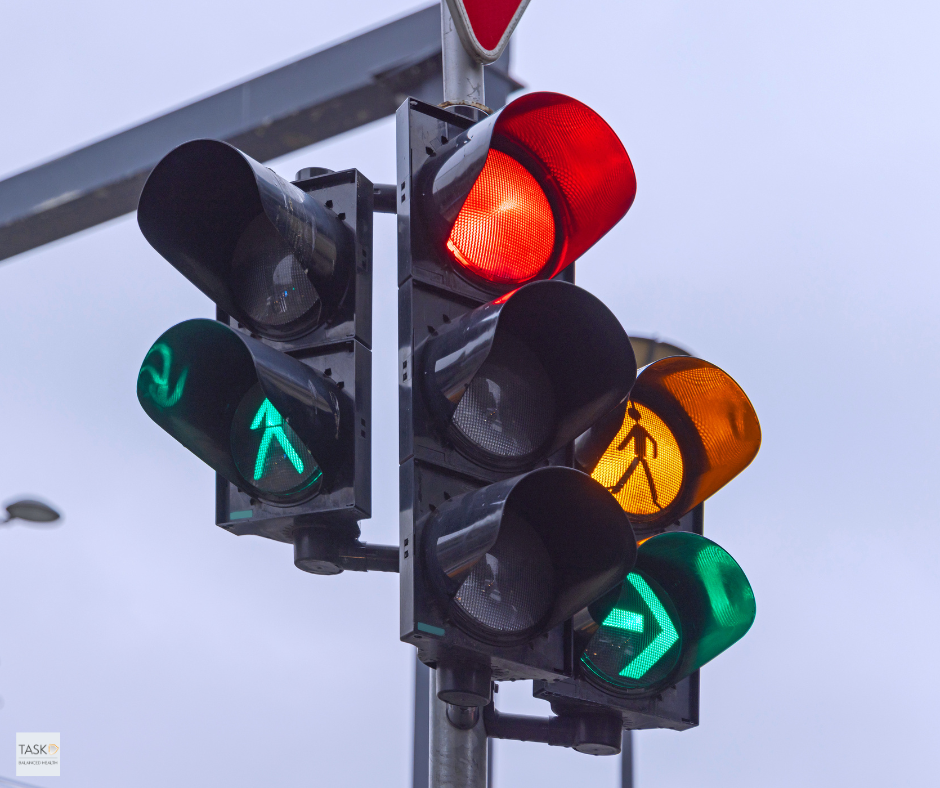 Ignoring Our Body’s Signals- image is of traffic light with green red and amber lights.