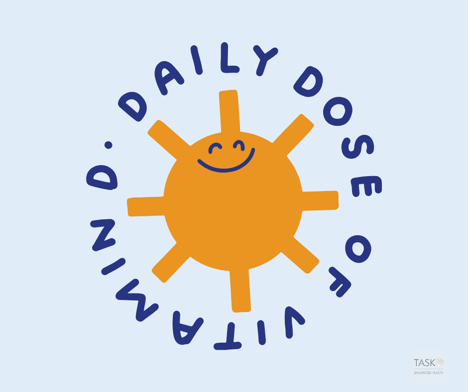 Smiling sun with the words “Daily dose of vitamin D”, a reminder to supplement in autumn and winter